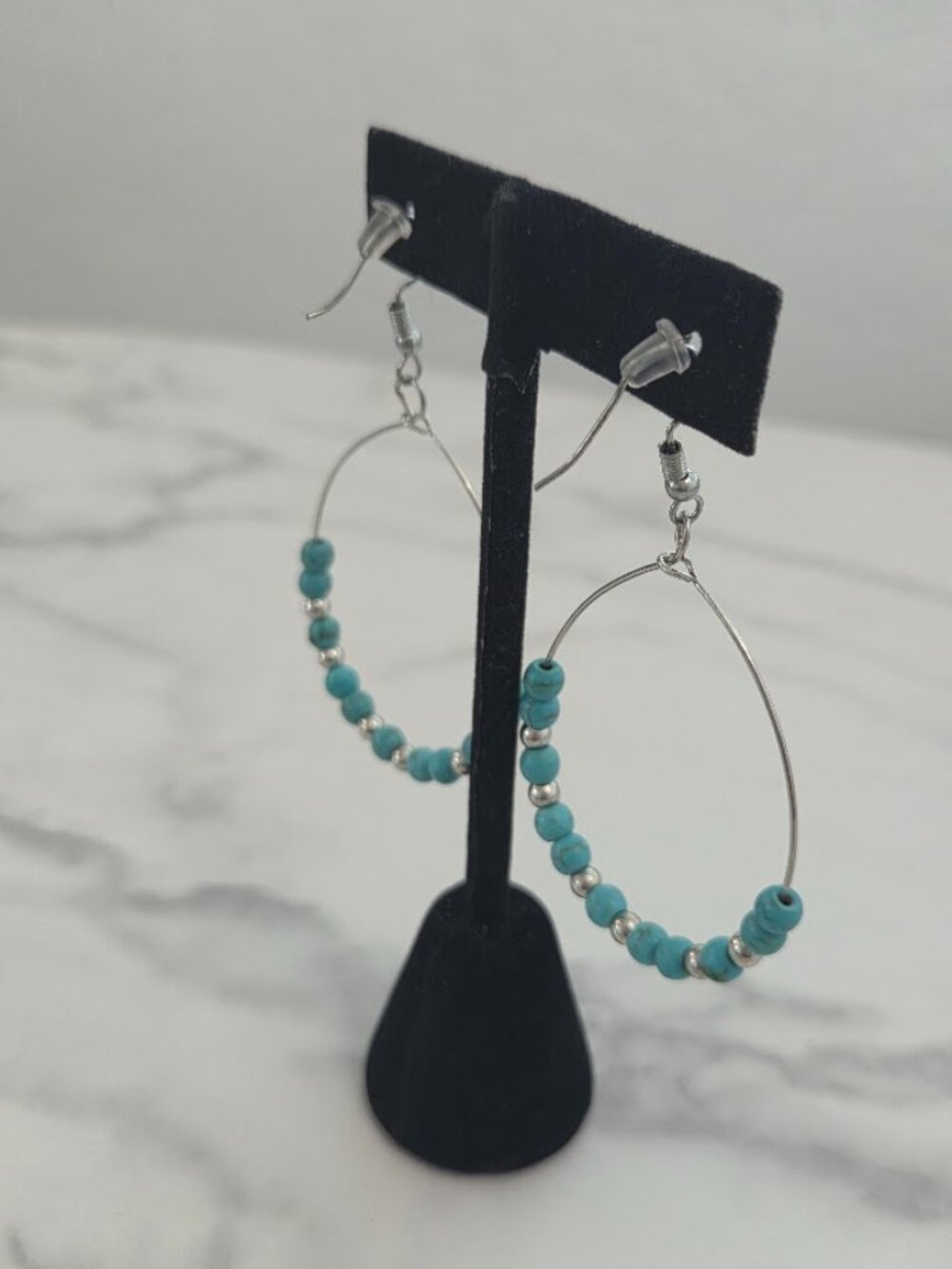 Casual Paparazzi Silver Tone Hoop Earrings with Turquoise Style Beads - Picture 9 of 10